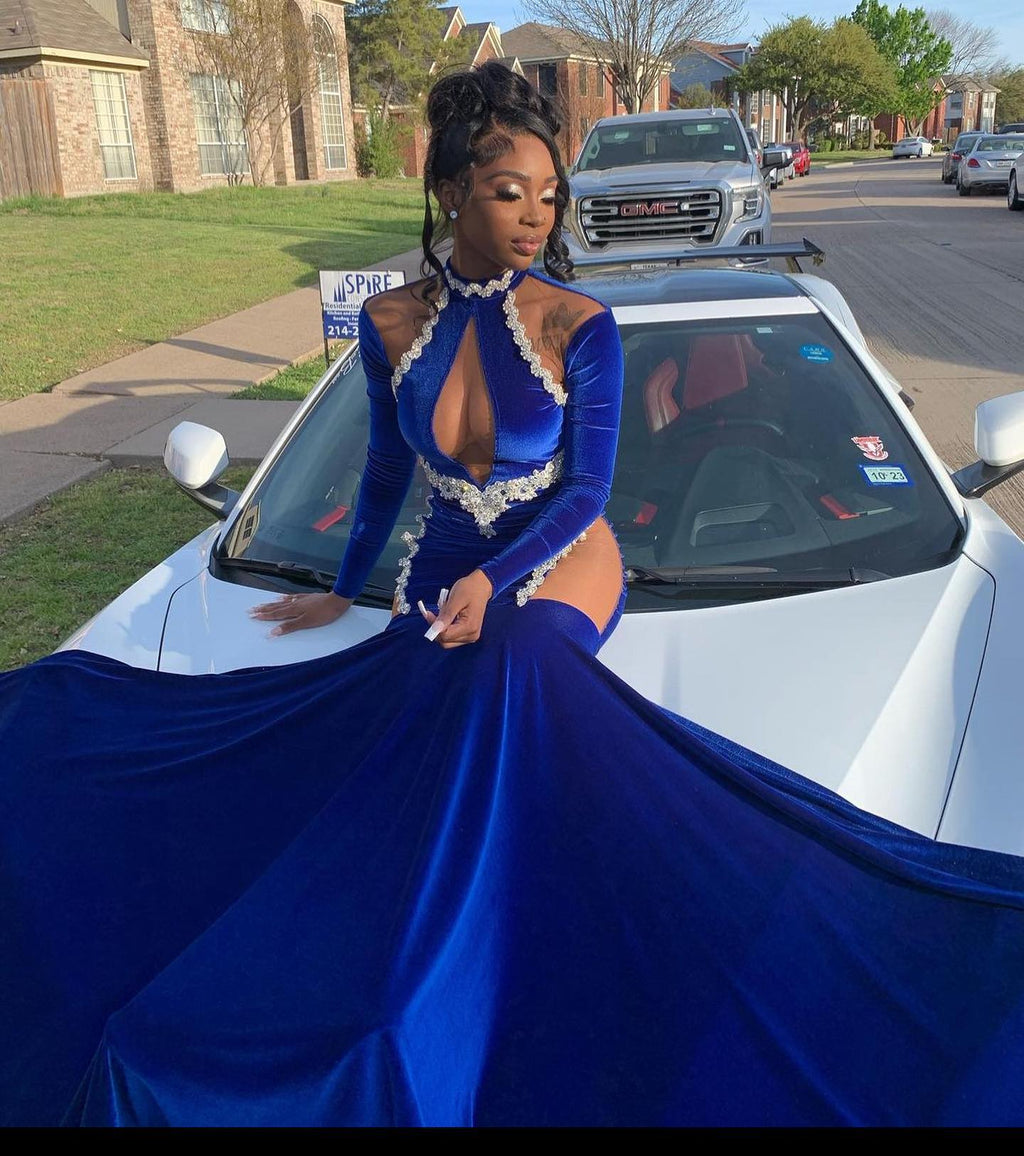 Sapphire Siren Royal Blue Velvet Mermaid Gown Crystal Vine Trim Illusion Cutouts