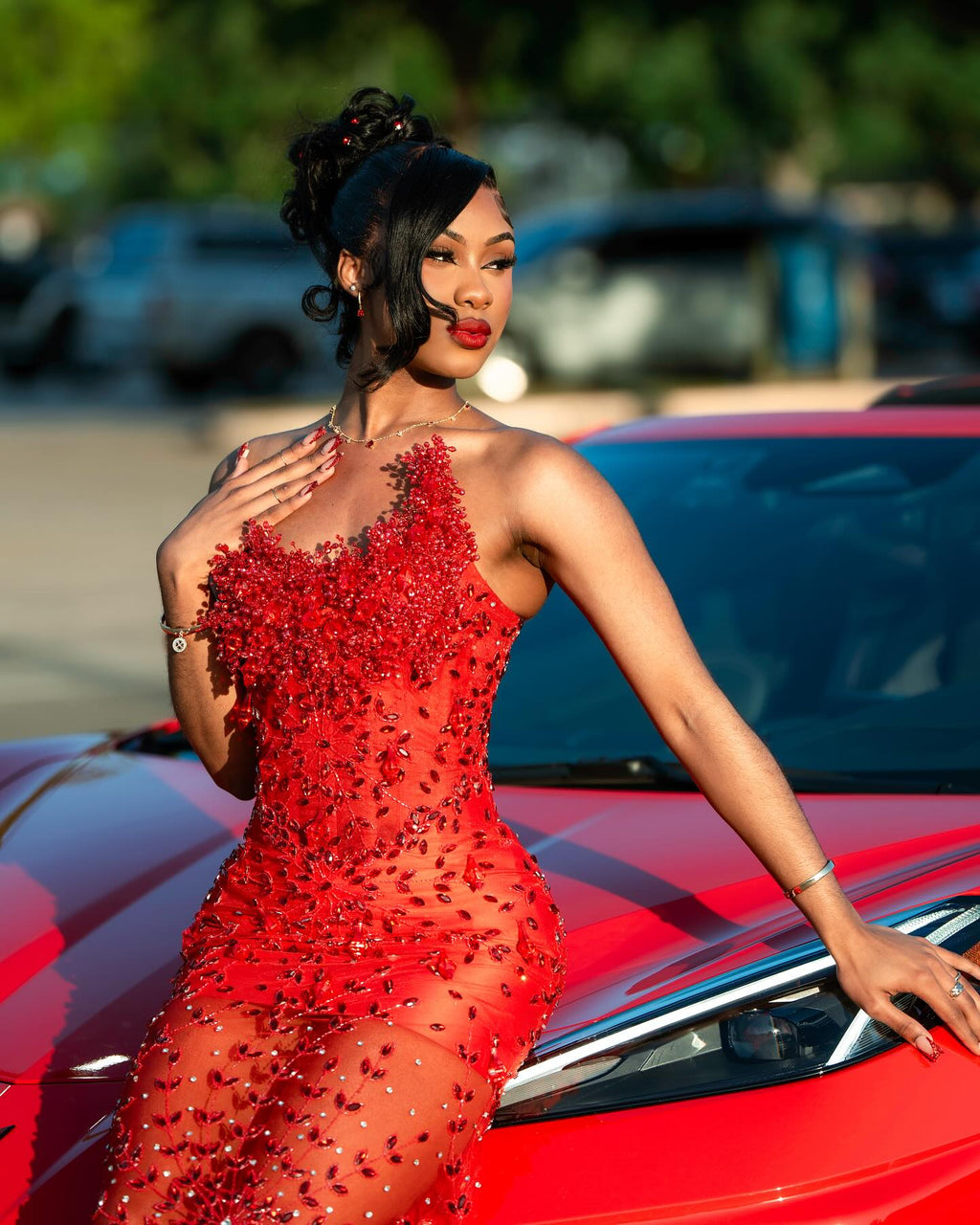 Red Sheer Illusion Beaded Mermaid Prom Dress With 3D Florals