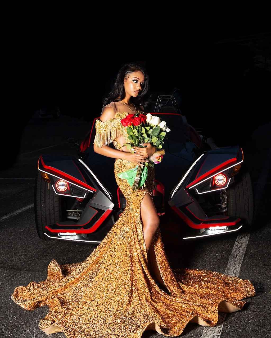 Golden Hour Glamour Beaded Fringe Mermaid Prom Dress Plunging Neckline