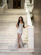 Silver Feather Crystal Beaded Illusion Evening Gown Sweetheart Neckline High Slit