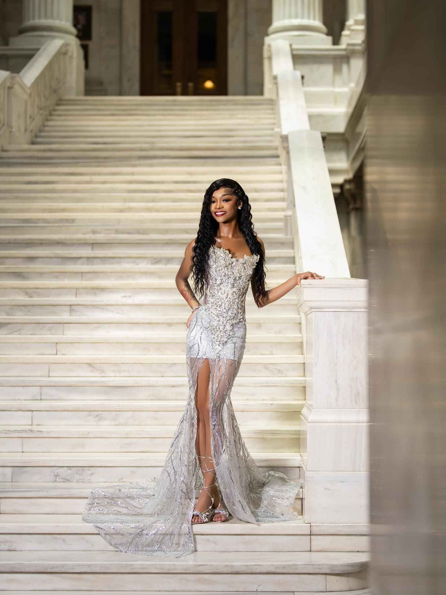 Silver Feather Crystal Beaded Illusion Evening Gown Sweetheart Neckline High Slit