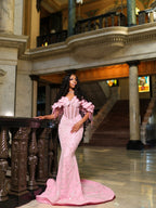 Pink Off Shoulder Sequin Beaded Mermaid Prom Dress With 3D Floral Details