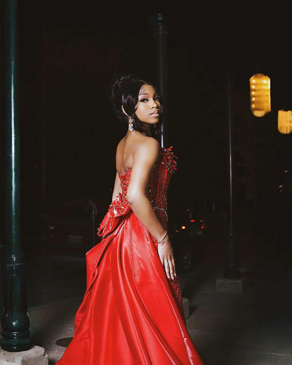 Red Mermaid Prom Dress With Detachable Satin Overskirt 3D Floral Beaded Corset