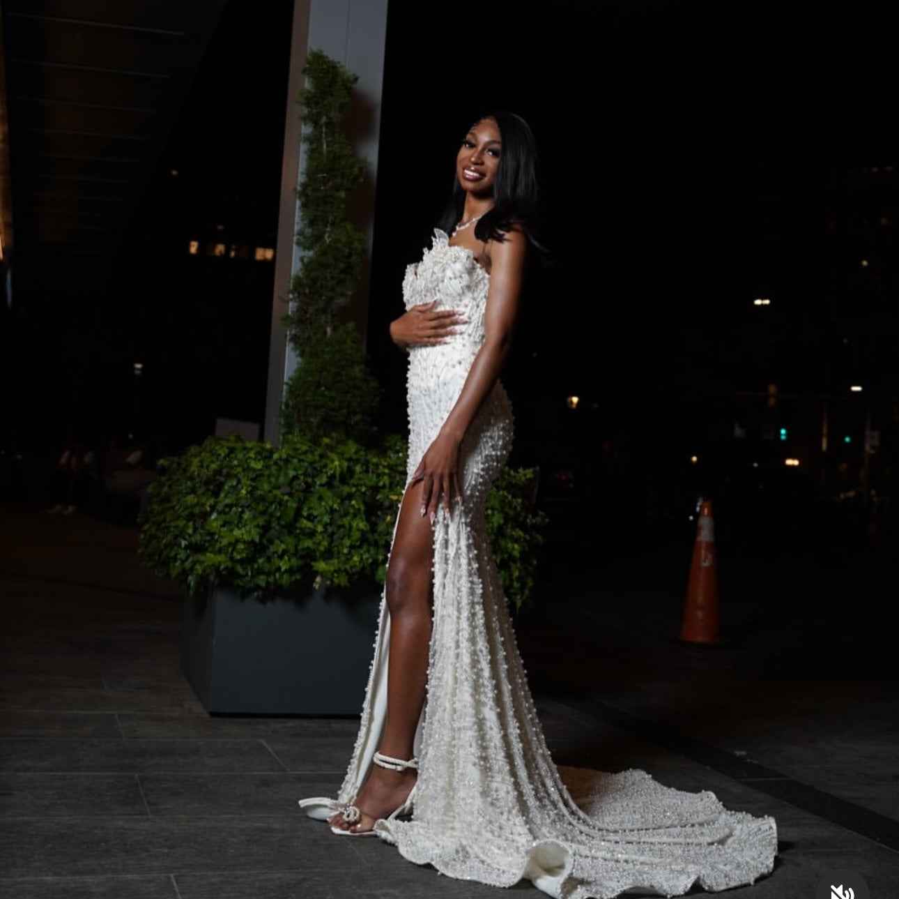 White Enchantment Beaded Floral Mermaid Prom Dress With Crystal Details