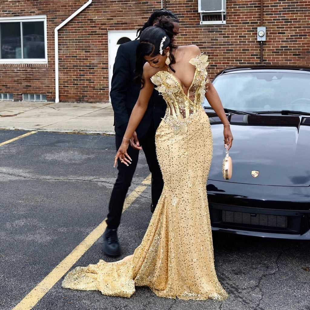 24K Gold Sequined Corset Mermaid Prom Dress With 3D Florals