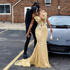 24K Gold Sequined Corset Mermaid Prom Dress With 3D Florals
