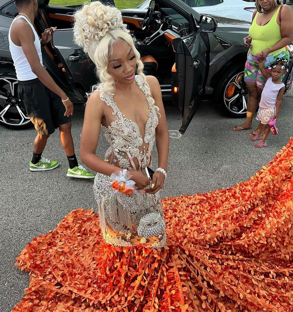 Orange Flame Crystal Beaded Mermaid Prom Dress With Massive 3D Petal Train