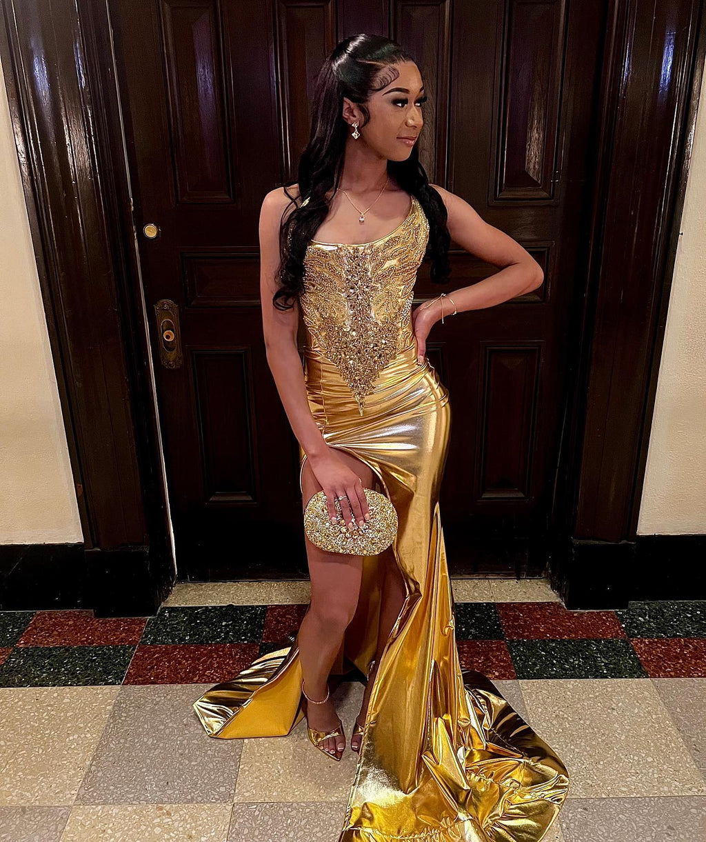 Golden Muse Beaded Satin Mermaid Prom Dress With High Slit