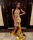 Golden Muse Beaded Satin Mermaid Prom Dress With High Slit