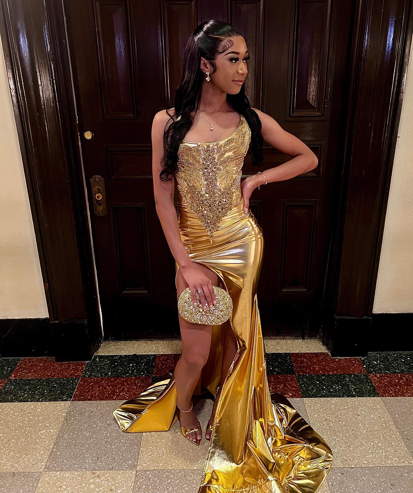Golden Muse Beaded Satin Mermaid Prom Dress With High Slit