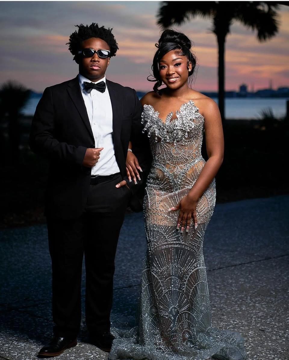 Art Deco Beaded Prom Dress With Lace Up Back And 3D Florals