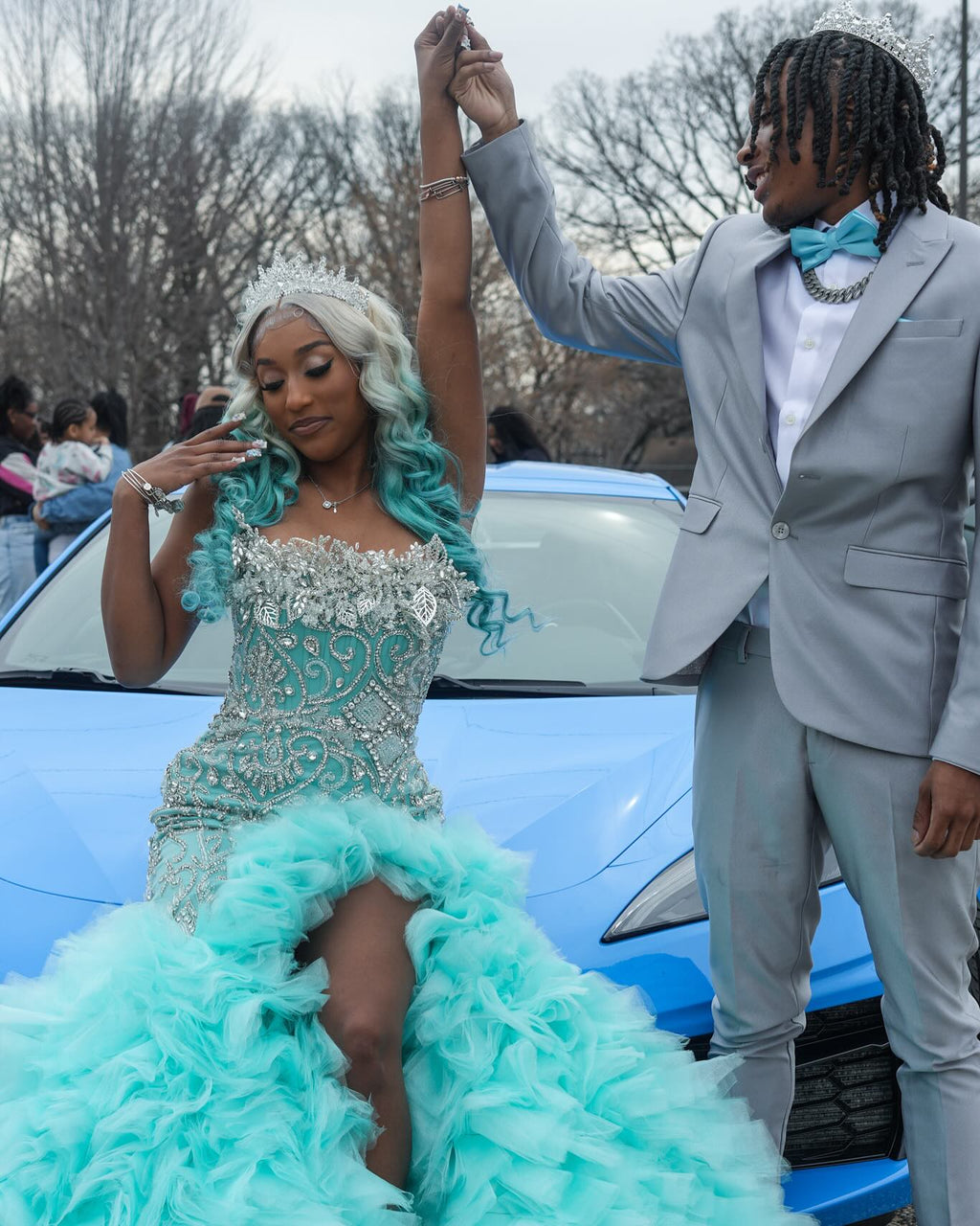 Tiffany Blue Crystal Mermaid Gown With 3D Leaf Bodice And Tiered Prom Dress