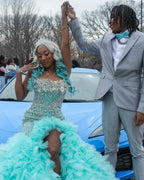 Tiffany Blue Crystal Mermaid Gown With 3D Leaf Bodice And Tiered Prom Dress