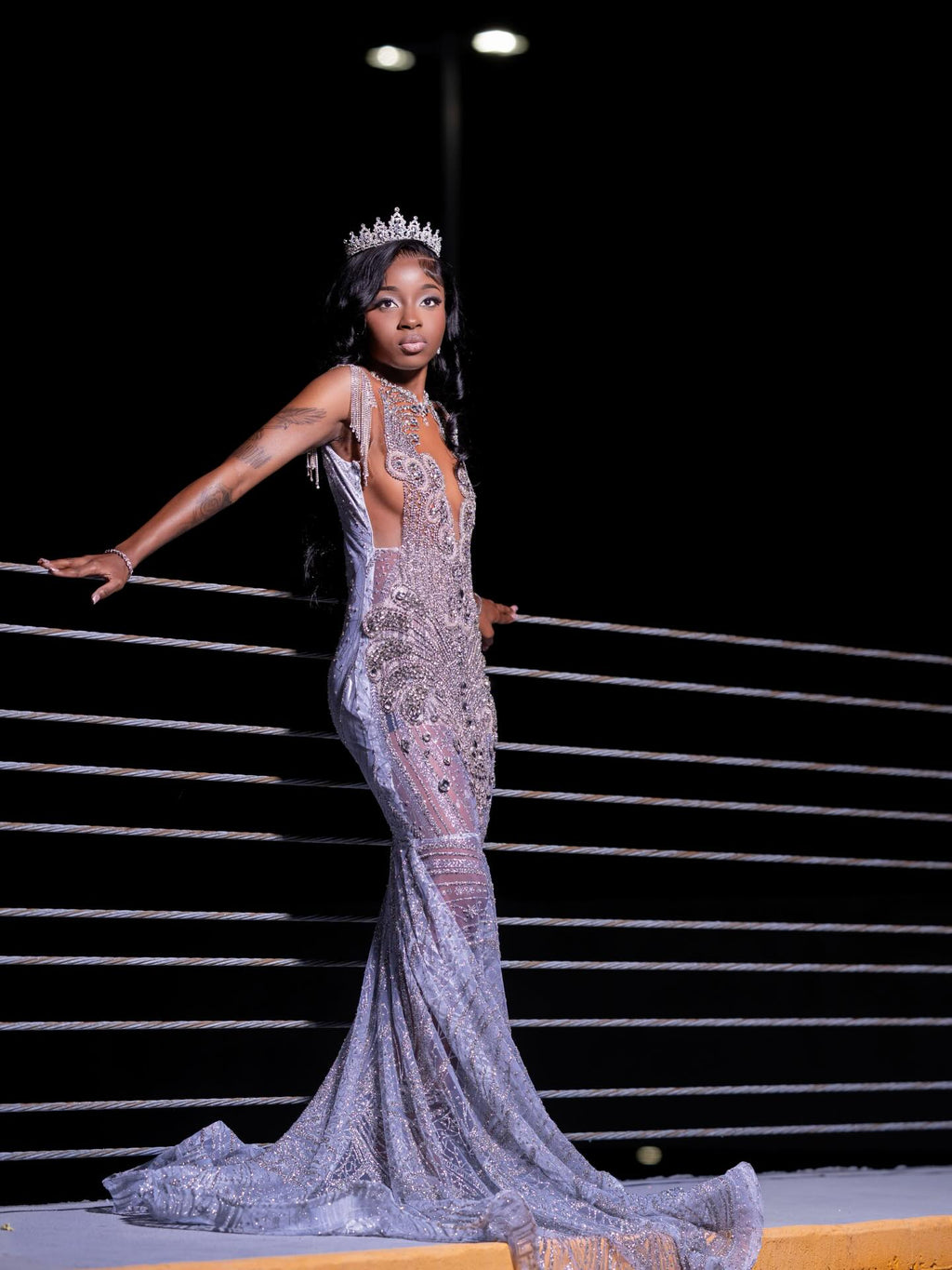 Lavender Mermaid Prom Dress Sheer Sequin Beaded Crystal Fringe Gown