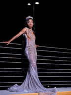 Lavender Mermaid Prom Dress Sheer Sequin Beaded Crystal Fringe Gown