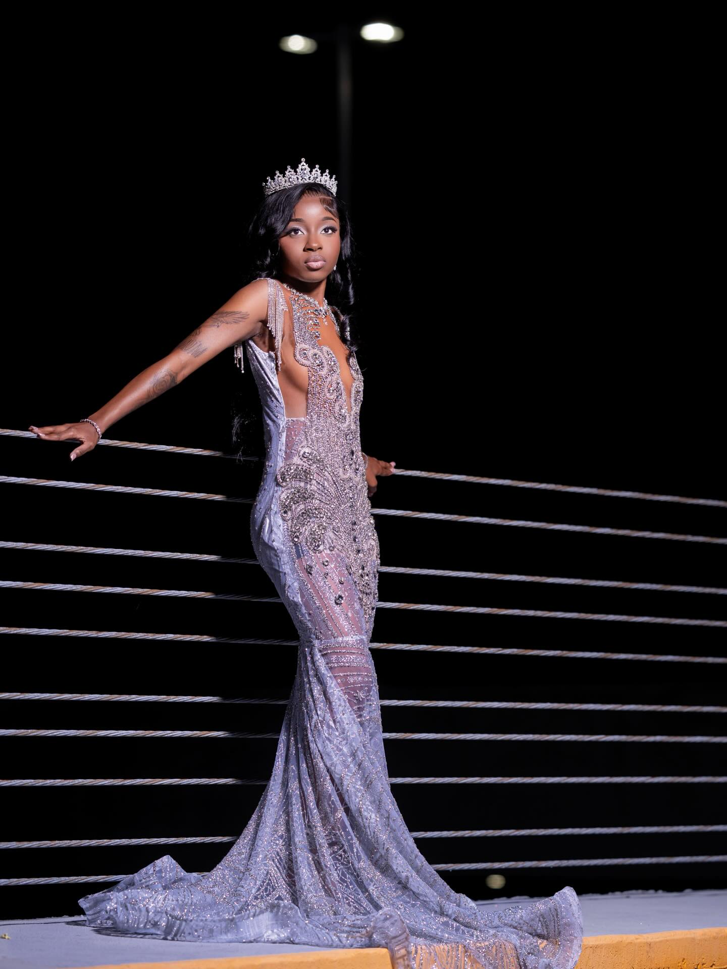 Lavender Mermaid Prom Dress Sheer Sequin Beaded Crystal Fringe Gown