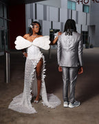 White Butterfly Beaded Gown With Silver Sequins And Oversized Bow Sleeves
