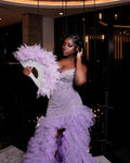 Lavender Purple Crystal Mermaid Gown Sweetheart Neckline And Feather Sleeves