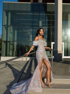 Silver Off Shoulder Sequin Beaded Mermaid Prom Gown With Floral Feathers