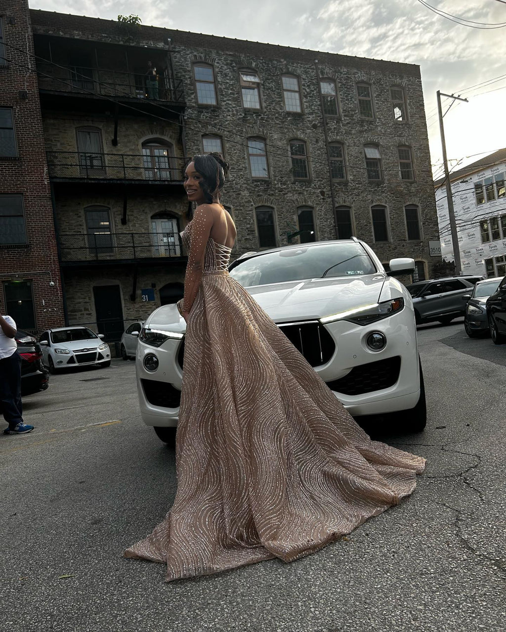 Rose Gold Beaded Mermaid Prom Dress With Long Sleeves And High Slit