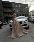 Rose Gold Beaded Mermaid Prom Dress With Long Sleeves And High Slit
