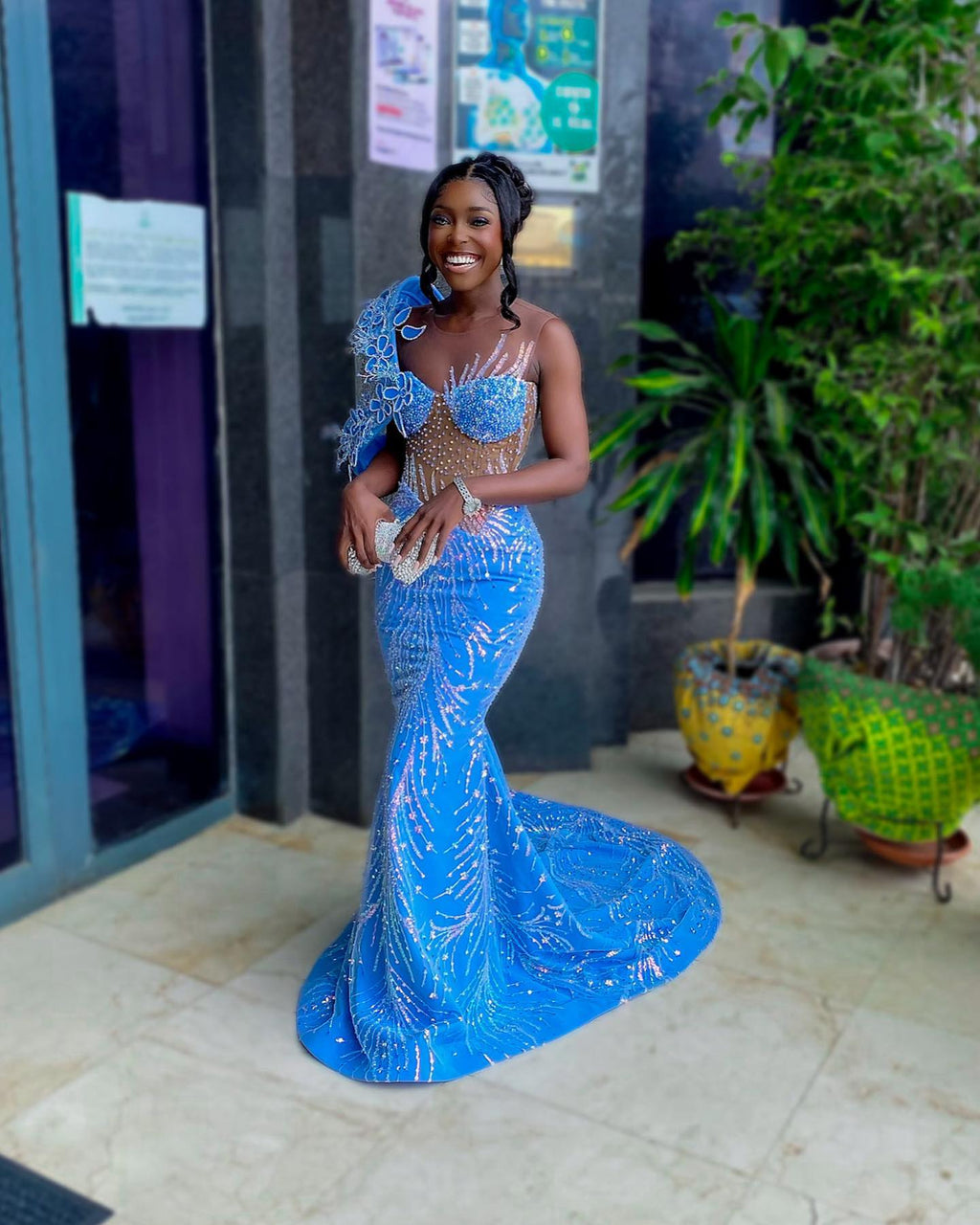 Blue Butterfly Beaded Mermaid Gown With One Shoulder Lace Applique