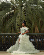 Mint Green Off Shoulder Sequin Beaded Prom Dress With 3D Leaf Applique Train