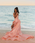Coral Sunset Draped Satin Mermaid Prom Dress With High Slit
