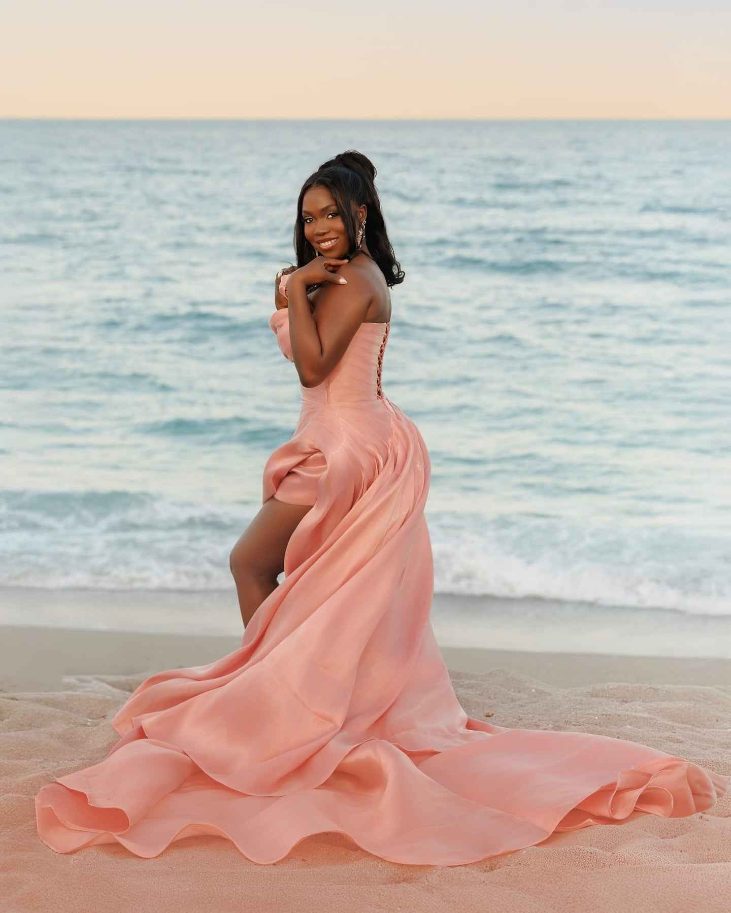 Coral Sunset Draped Satin Mermaid Prom Dress With High Slit