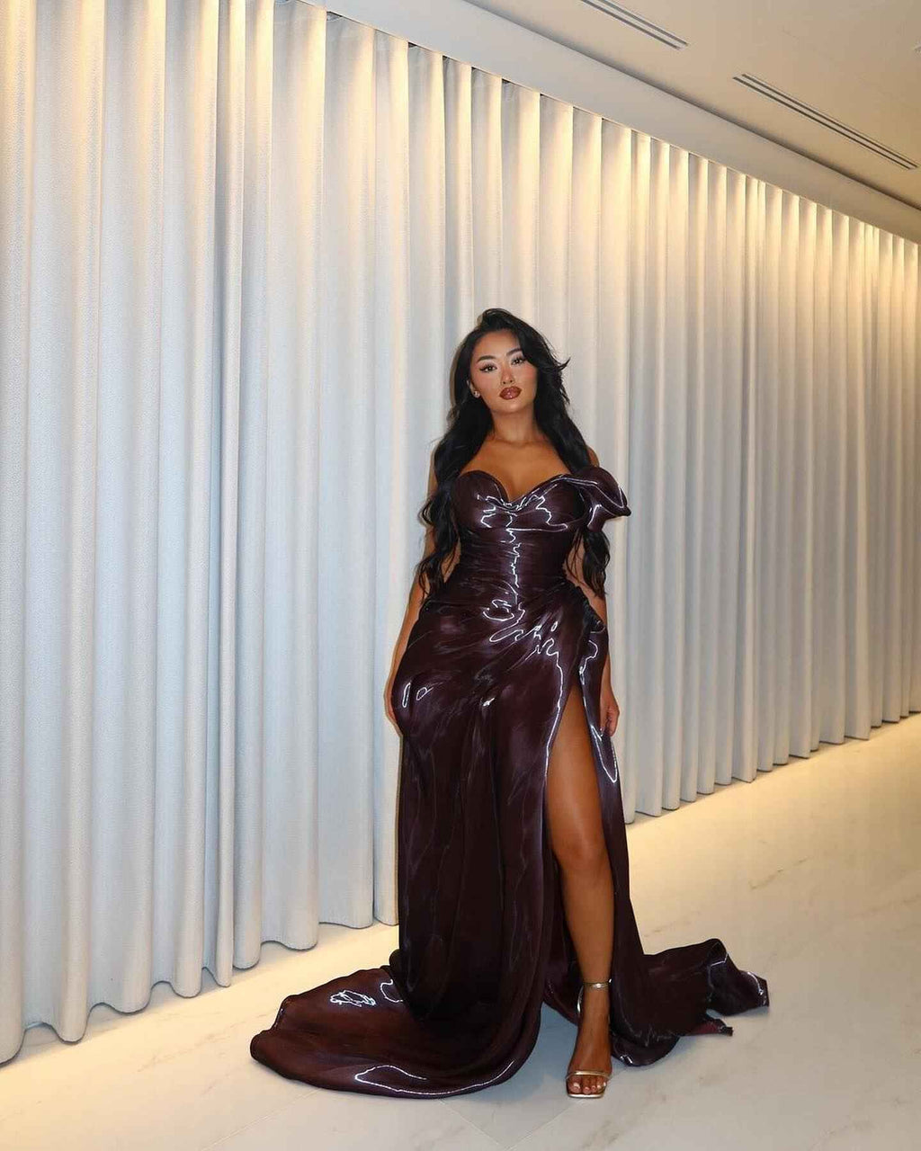 Electric Storm Burgundy Satin Prom Dress With Bow Detail And Lightning Print