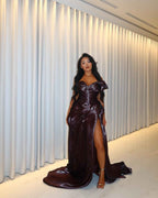 Electric Storm Burgundy Satin Prom Dress With Bow Detail And Lightning Print