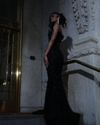 Luxury Sequin Mermaid Prom Dress Illusion Corset Bodice 3D Beaded Lace Shoulder