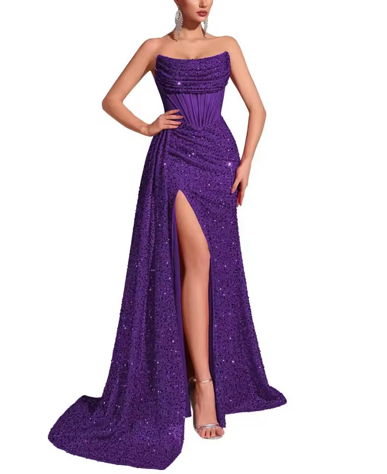Vestido de Noite de Sereia com Lantejoulas Sem Alças | Vestido de Baile com Corpete Franzido e Fenda