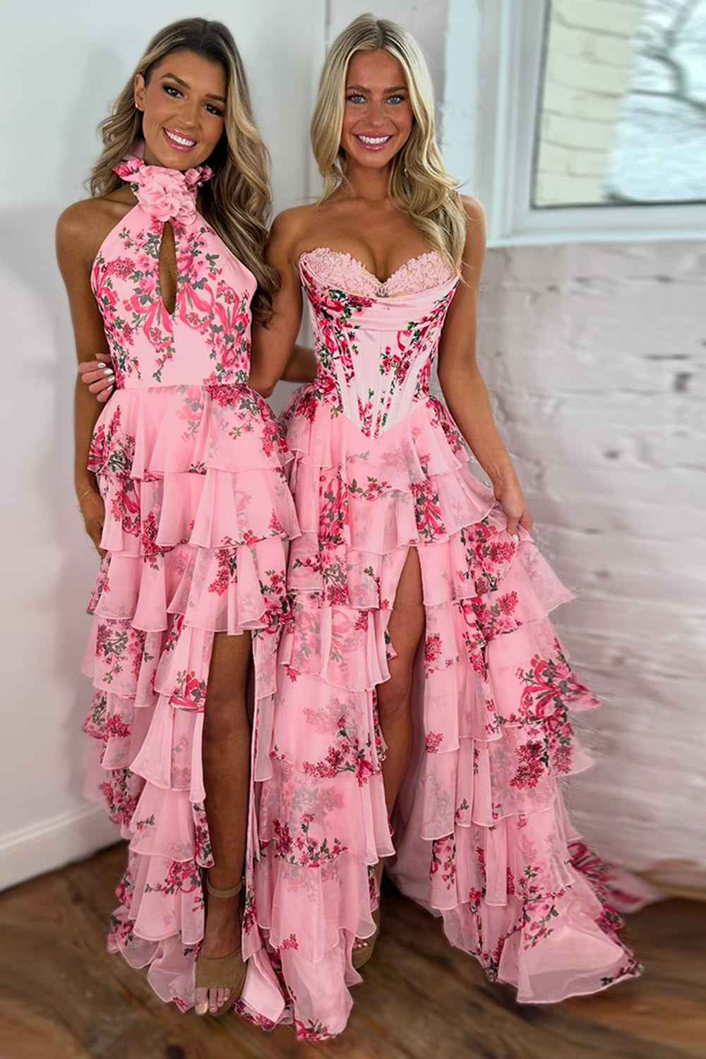 Blush Sweetheart A Line Chiffon Floral Ruffled Long Corset Prom Dress With Slit