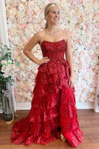 Sparkly Red Sequin Strapless Tiered Princess Corset Prom Dress