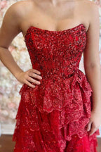 Sparkly Red Sequin Strapless Tiered Princess Corset Prom Dress