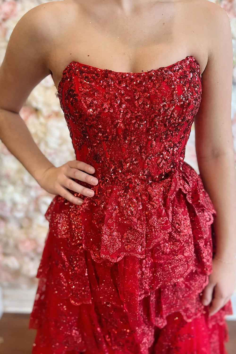 Sparkly Red Sequin Strapless Tiered Princess Corset Prom Dress
