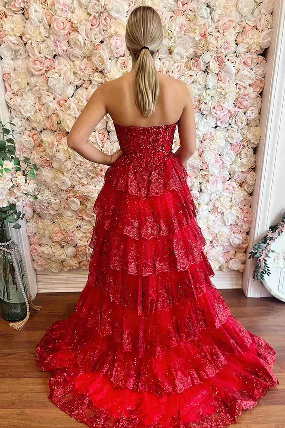 Sparkly Red Sequin Strapless Tiered Princess Corset Prom Dress