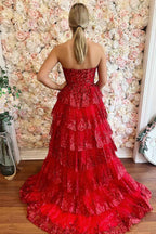 Sparkly Red Sequin Strapless Tiered Princess Corset Prom Dress