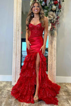 Red Sweetheart Mermaid Prom Dress With Corset Waist And Sequin Appliques