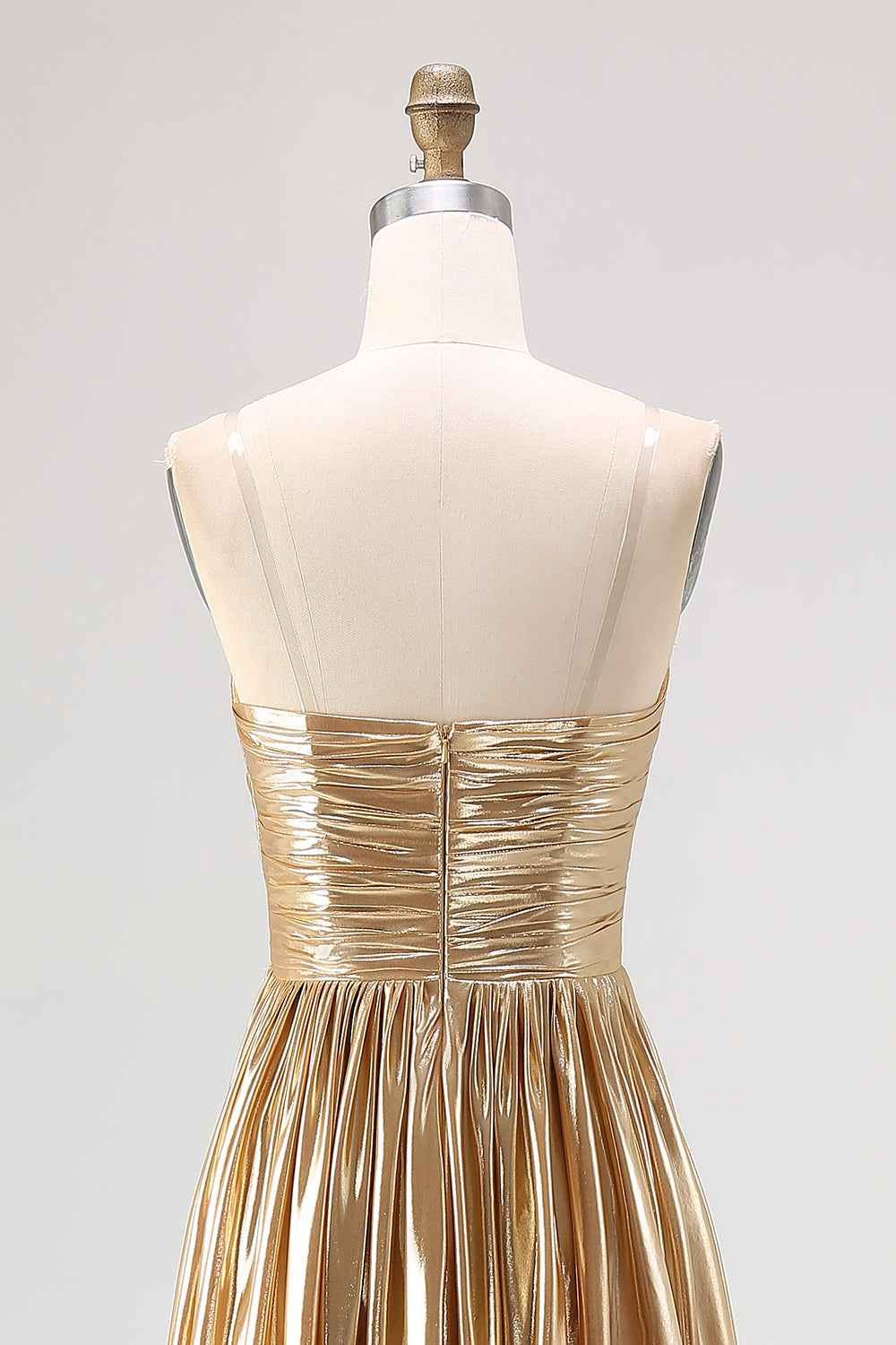 Chic Gold Metallic Satin Deep V Neck Pleated A Line Long Prom Dress