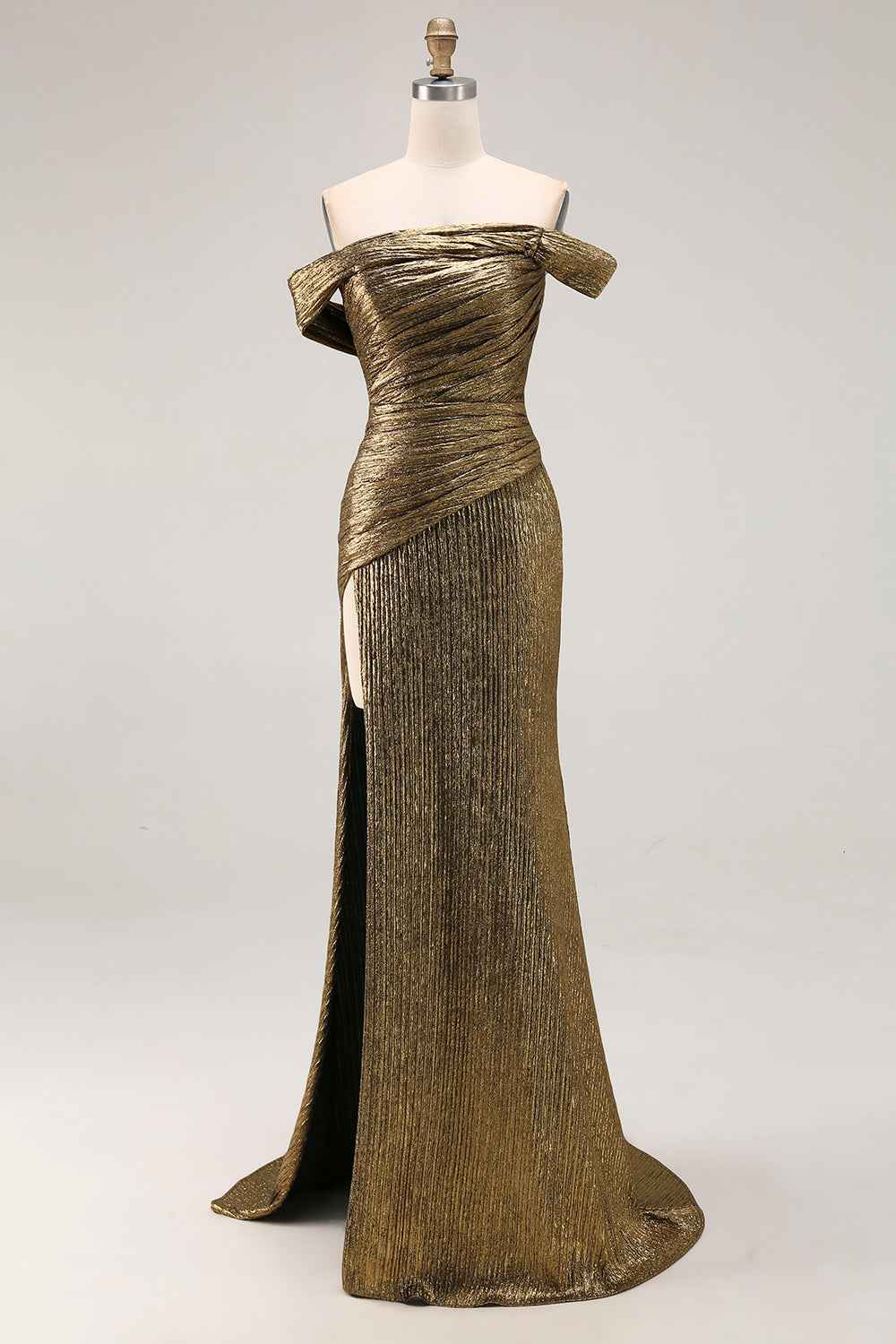 Stunning Metallic Gold One Shoulder Pleated Prom Dress