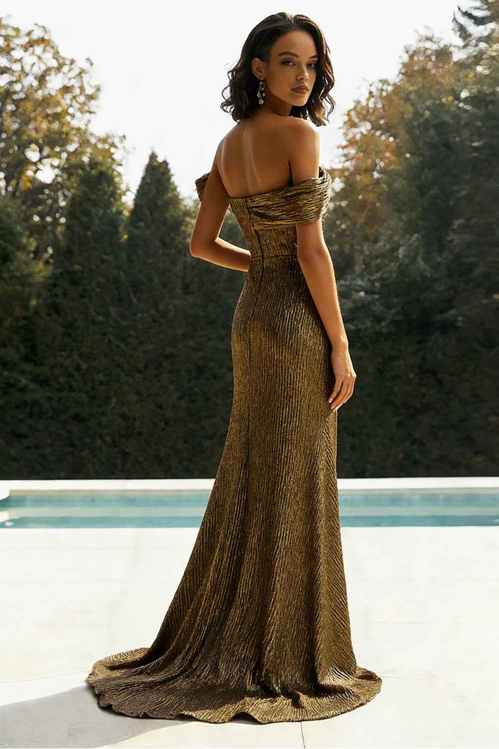 Stunning Metallic Gold One Shoulder Pleated Prom Dress