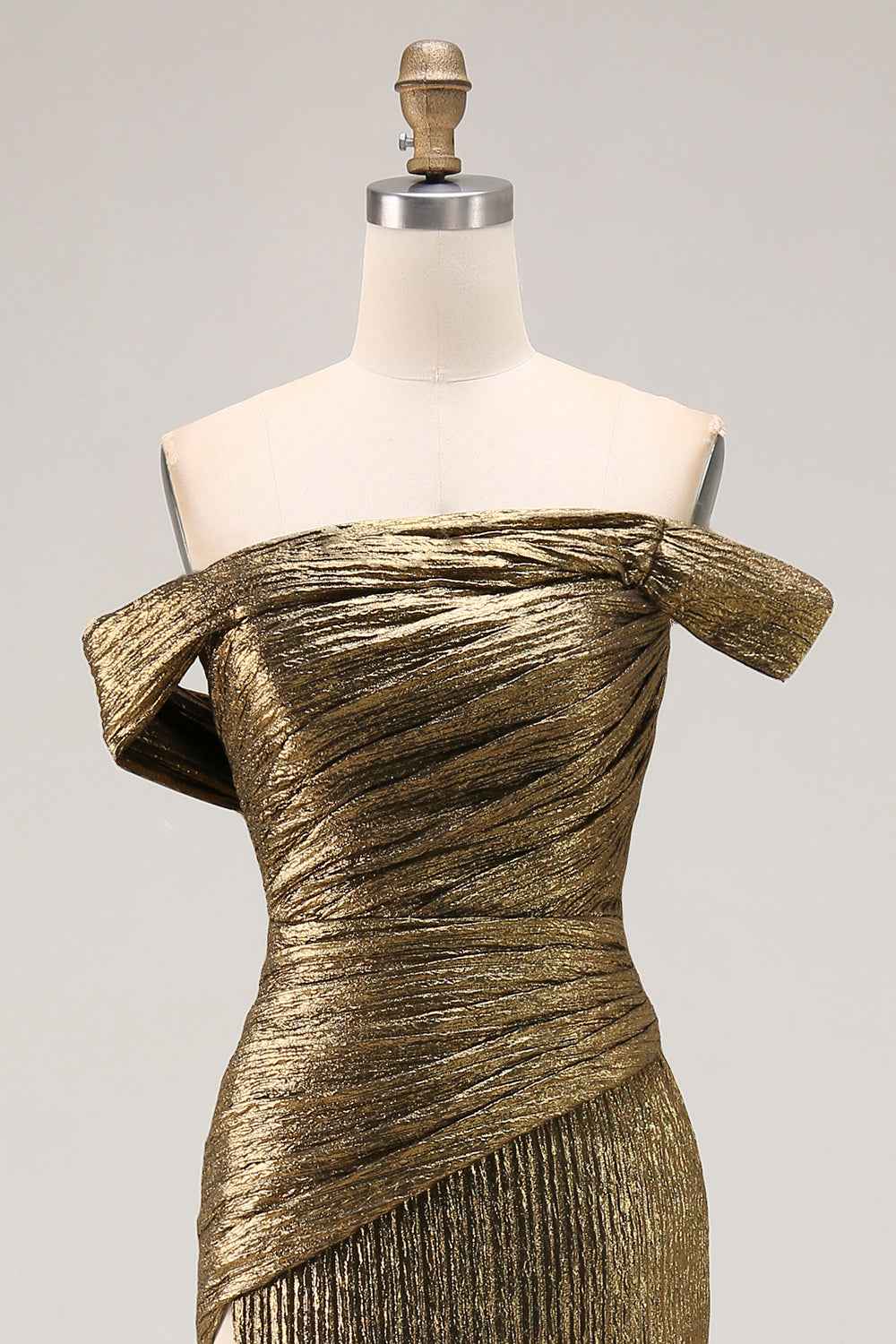 Stunning Metallic Gold One Shoulder Pleated Prom Dress