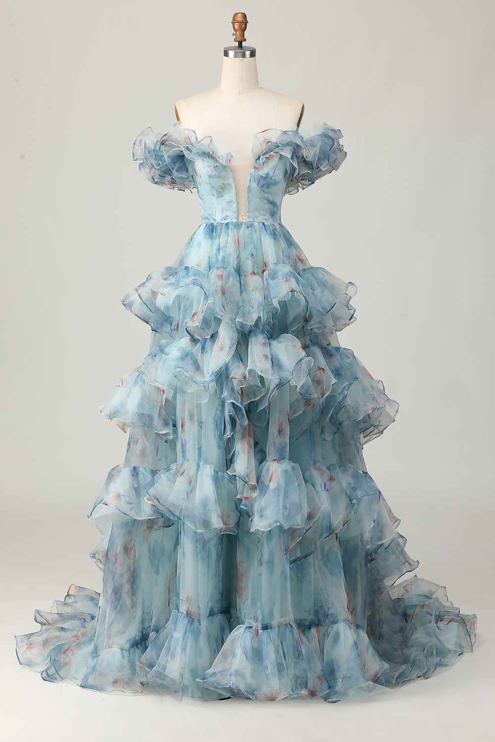 Blue Floral Off The Shoulder Princess Organza Long Prom Dress With Ruffles