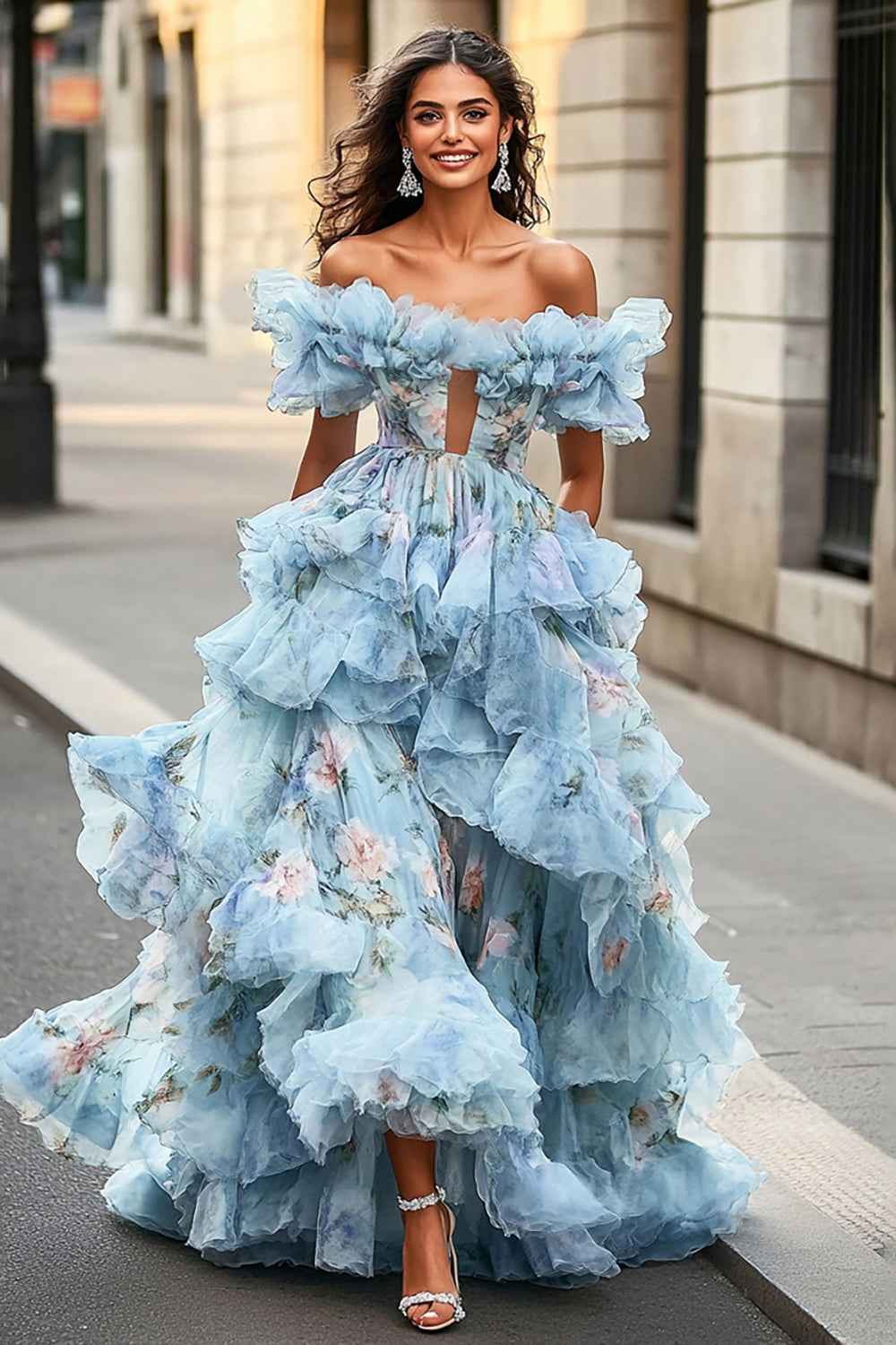 Blue Floral Off The Shoulder Princess Organza Long Prom Dress With Ruffles