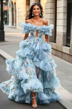 Blue Floral Off The Shoulder Princess Organza Long Prom Dress With Ruffles