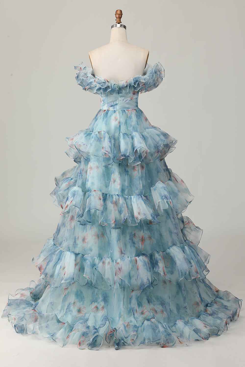 Blue Floral Off The Shoulder Princess Organza Long Prom Dress With Ruffles
