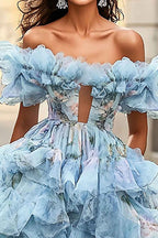 Blue Floral Off The Shoulder Princess Organza Long Prom Dress With Ruffles