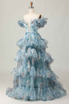 Blue Floral Off The Shoulder Princess Organza Long Prom Dress With Ruffles